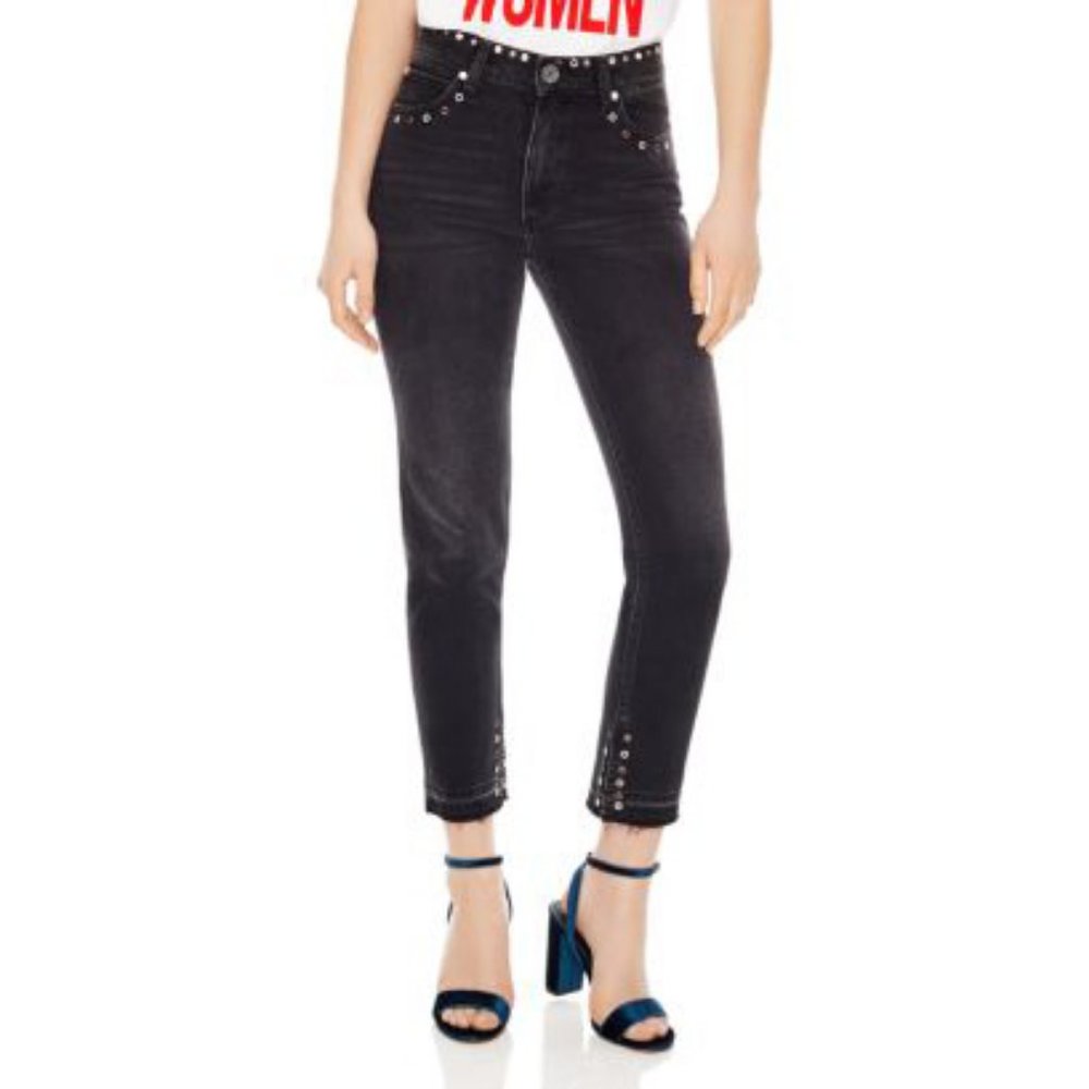 NWT Sandro High Rise Washed Black Grommet Jeans 2